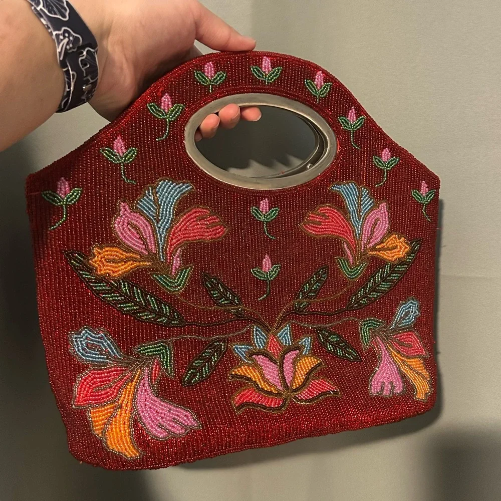 Vintage Red Floral Beaded Handbag Purse - Picture 2 of 13